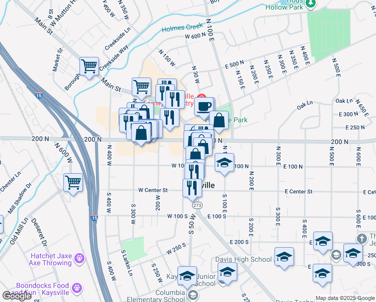 map of restaurants, bars, coffee shops, grocery stores, and more near 109 Main Street in Kaysville