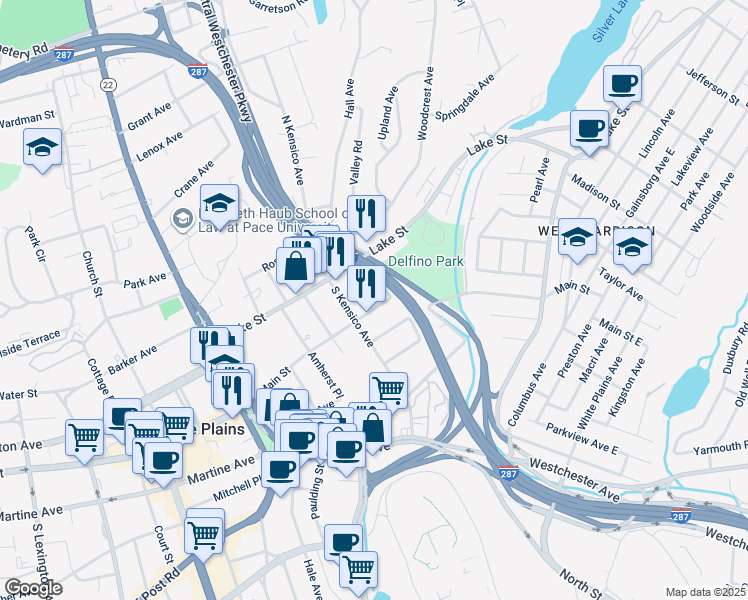 map of restaurants, bars, coffee shops, grocery stores, and more near 42 South Kensico Avenue in White Plains