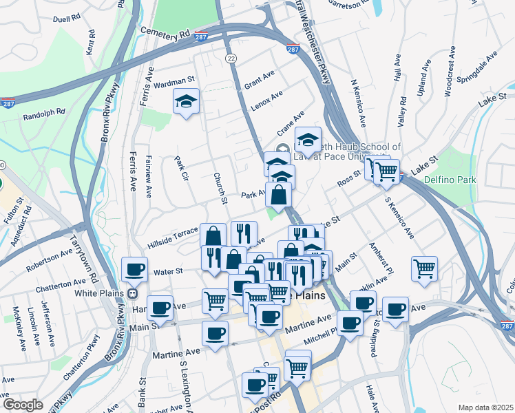 map of restaurants, bars, coffee shops, grocery stores, and more near 48 Rockledge Avenue in White Plains
