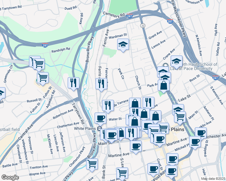 map of restaurants, bars, coffee shops, grocery stores, and more near 60 Park Avenue in White Plains