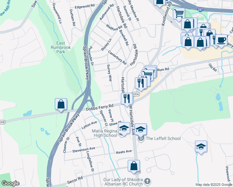 map of restaurants, bars, coffee shops, grocery stores, and more near 16 Primrose Avenue West in White Plains