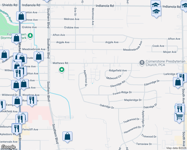 map of restaurants, bars, coffee shops, grocery stores, and more near 6018 Applecrest Court in Youngstown