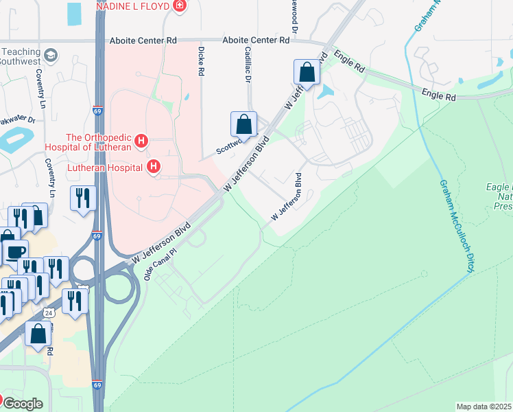 map of restaurants, bars, coffee shops, grocery stores, and more near in Allen County