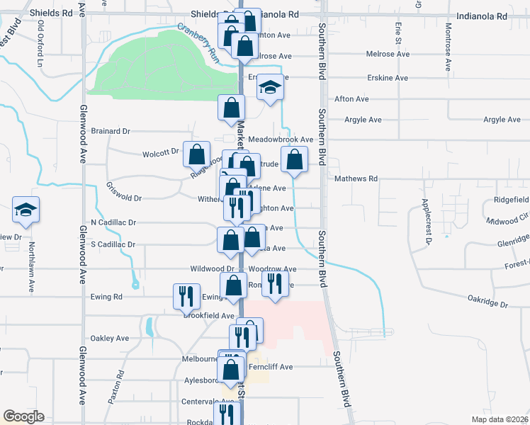 map of restaurants, bars, coffee shops, grocery stores, and more near 33 Leighton Avenue in Youngstown