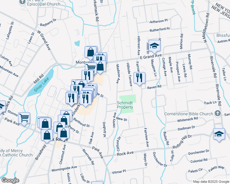 map of restaurants, bars, coffee shops, grocery stores, and more near 42 Madison Avenue in Montvale