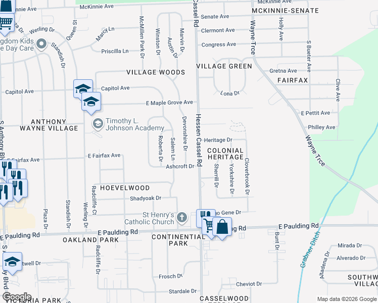 map of restaurants, bars, coffee shops, grocery stores, and more near 5118 Hessen Cassel Road in Fort Wayne