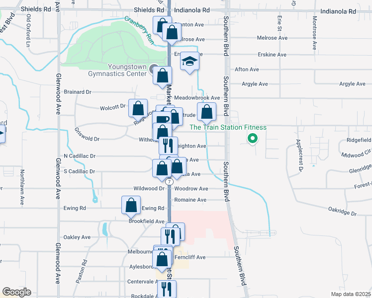 map of restaurants, bars, coffee shops, grocery stores, and more near 33 Leighton Avenue in Youngstown
