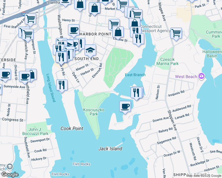 map of restaurants, bars, coffee shops, grocery stores, and more near 200 Elmcroft Road in Stamford