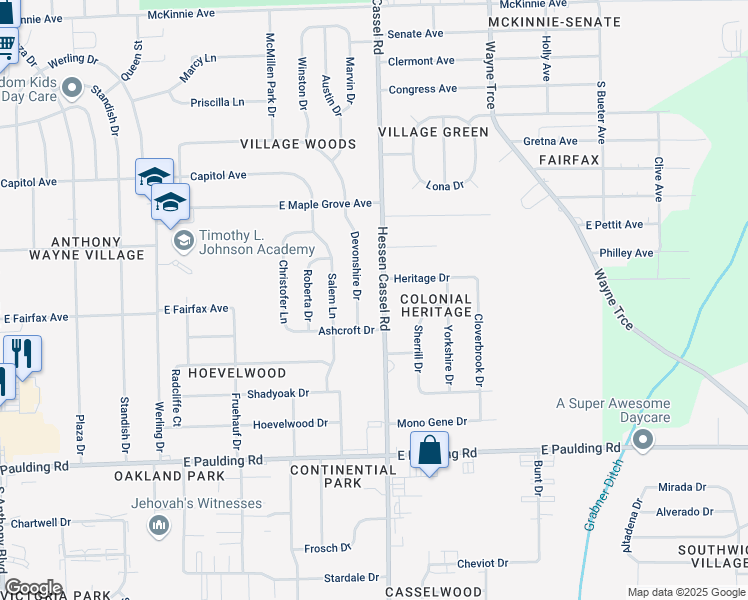 map of restaurants, bars, coffee shops, grocery stores, and more near 5102 Hessen Cassel Road in Fort Wayne