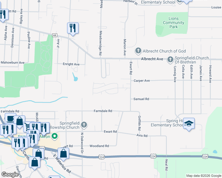 map of restaurants, bars, coffee shops, grocery stores, and more near 99 Wilpark Drive in Akron