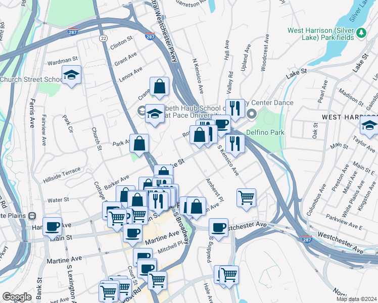 map of restaurants, bars, coffee shops, grocery stores, and more near 15 Lake Street in White Plains