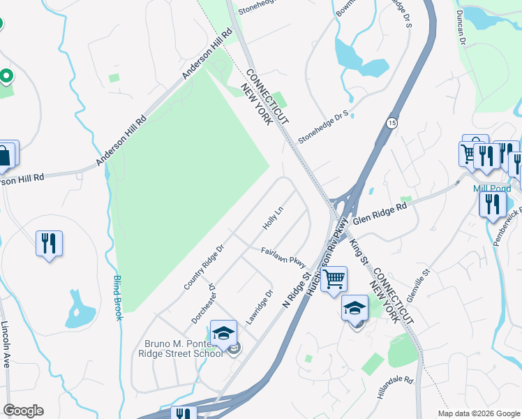 map of restaurants, bars, coffee shops, grocery stores, and more near 12 Holly Lane in Rye Brook