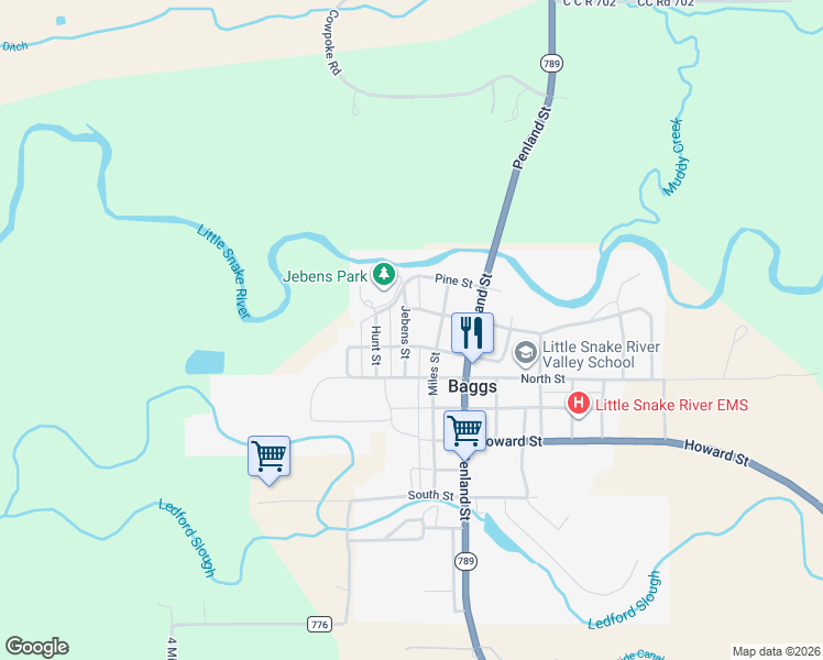 map of restaurants, bars, coffee shops, grocery stores, and more near 155 Miles Street in Baggs