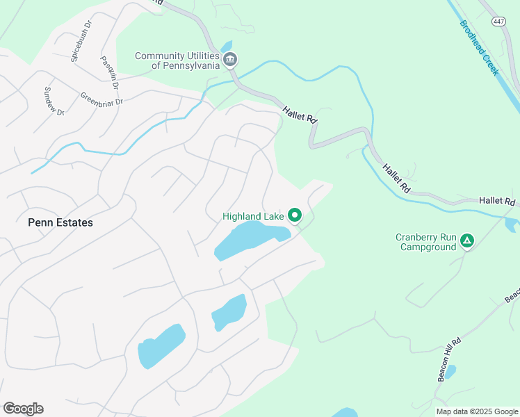map of restaurants, bars, coffee shops, grocery stores, and more near 25 Penn Estate in East Stroudsburg