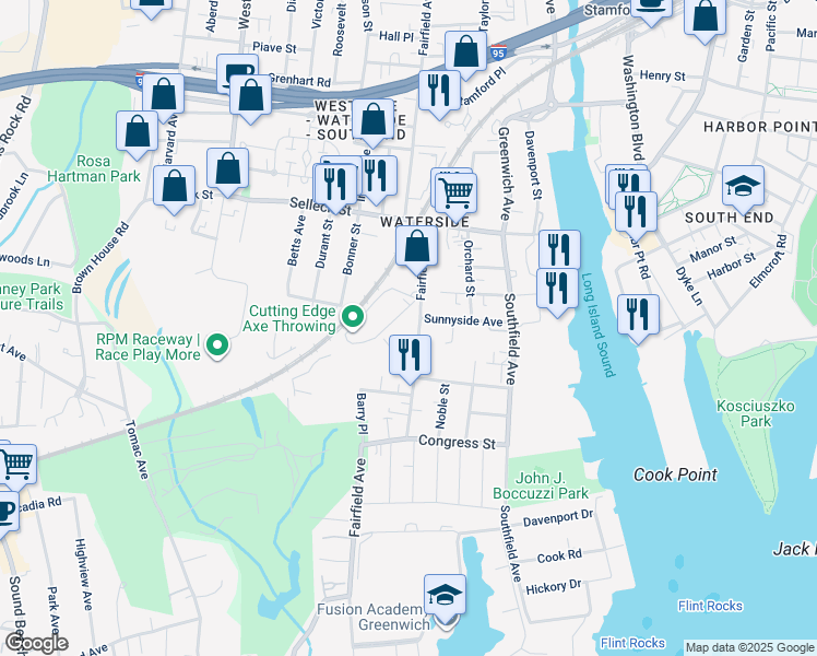 map of restaurants, bars, coffee shops, grocery stores, and more near 420 Fairfield Avenue in Stamford