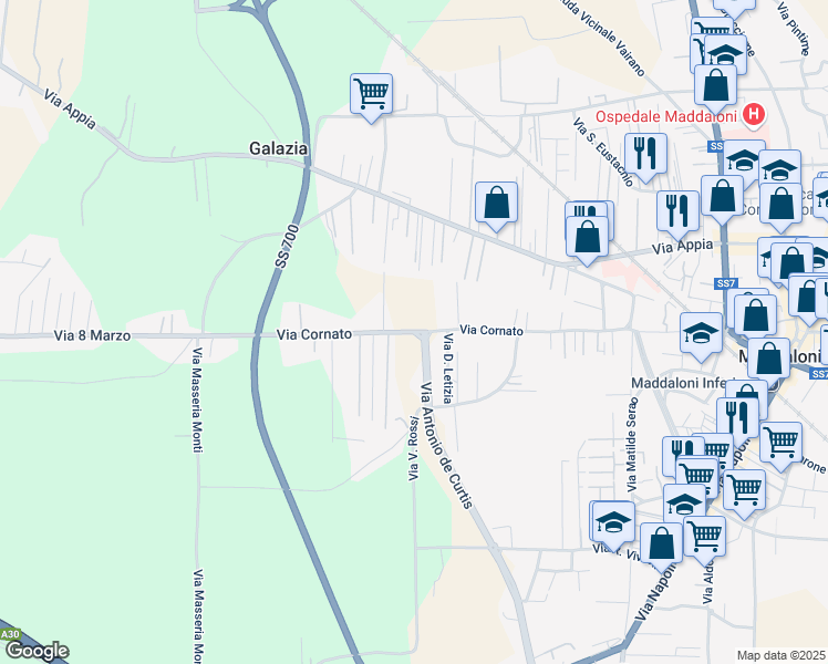 map of restaurants, bars, coffee shops, grocery stores, and more near 91 Via Cornato in Maddaloni