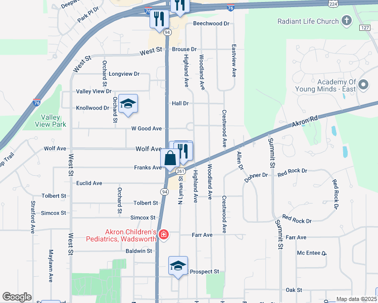 map of restaurants, bars, coffee shops, grocery stores, and more near 136 Akron Road in Wadsworth