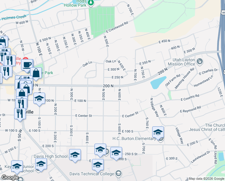 map of restaurants, bars, coffee shops, grocery stores, and more near 141 North 600 East in Kaysville