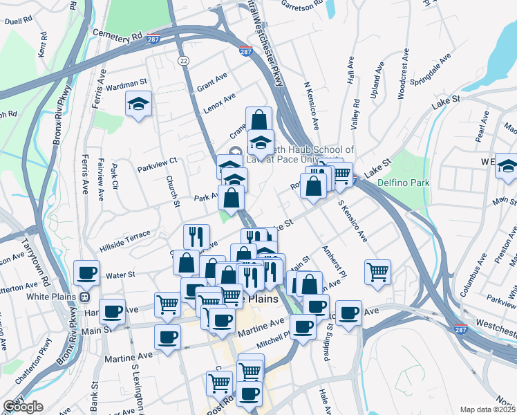 map of restaurants, bars, coffee shops, grocery stores, and more near 44 North Broadway in White Plains