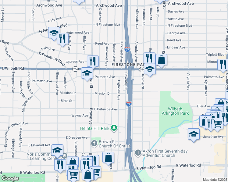 map of restaurants, bars, coffee shops, grocery stores, and more near 1642 Highview Avenue in Akron