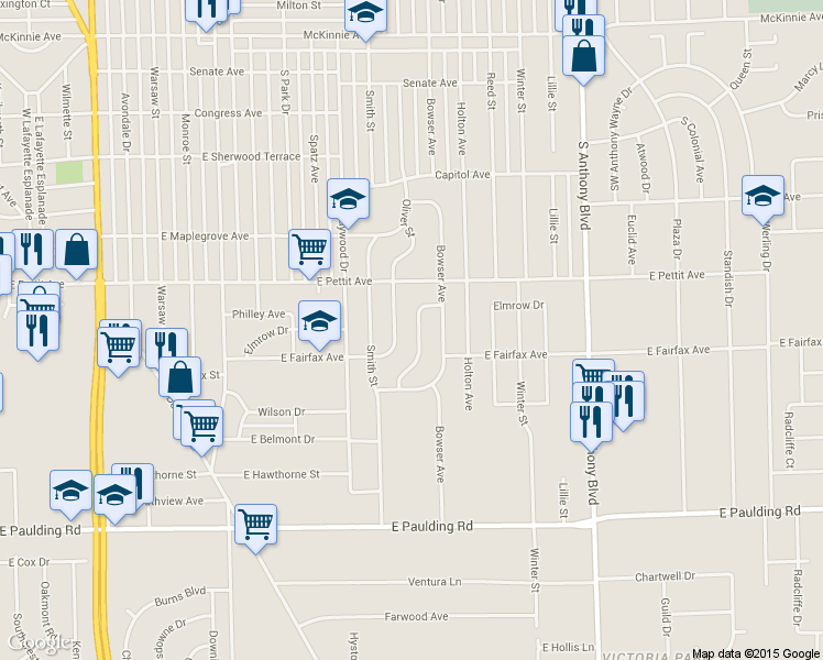 map of restaurants, bars, coffee shops, grocery stores, and more near 5102 Mount Vernon Park Drive in Fort Wayne