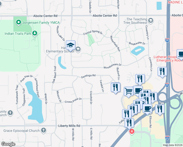 map of restaurants, bars, coffee shops, grocery stores, and more near 9419 Saratoga Road in Fort Wayne