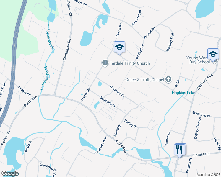 map of restaurants, bars, coffee shops, grocery stores, and more near 93 Konight Court in Mahwah