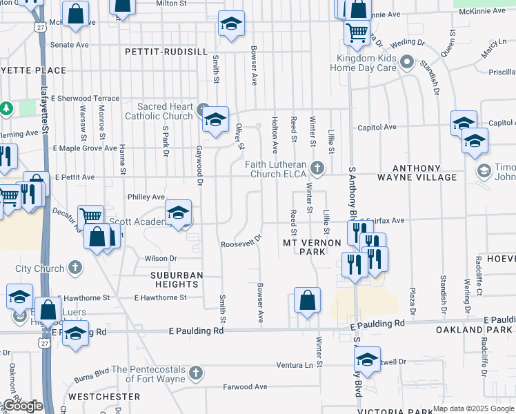 map of restaurants, bars, coffee shops, grocery stores, and more near 5022 Bowser Avenue in Fort Wayne
