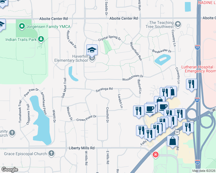 map of restaurants, bars, coffee shops, grocery stores, and more near 9419 Saratoga Road in Fort Wayne