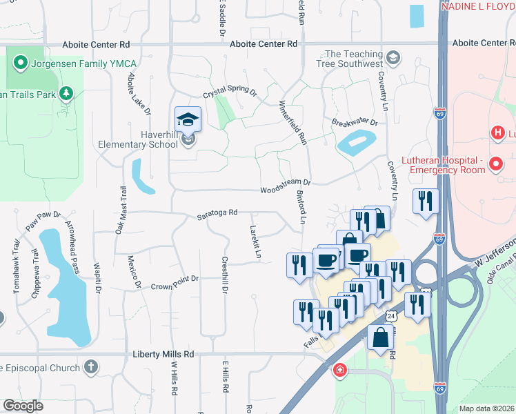 map of restaurants, bars, coffee shops, grocery stores, and more near 9325 Saratoga Rd in Fort Wayne