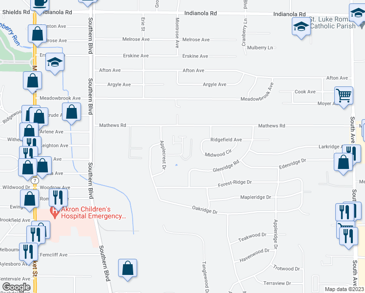 map of restaurants, bars, coffee shops, grocery stores, and more near 6047 Applecrest Court in Boardman