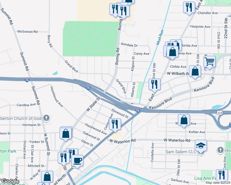 map of restaurants, bars, coffee shops, grocery stores, and more near 1236 Central Avenue in Barberton