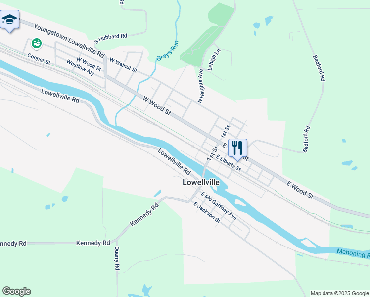 map of restaurants, bars, coffee shops, grocery stores, and more near 60 West Water Street in Lowellville