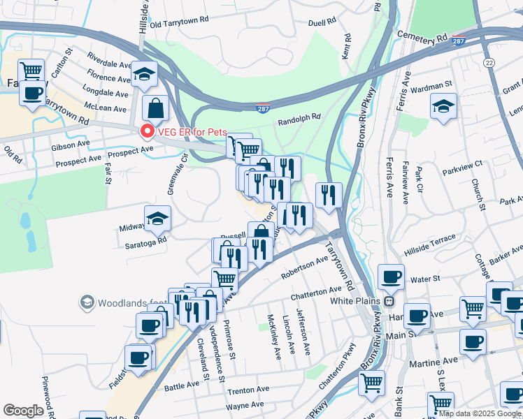 map of restaurants, bars, coffee shops, grocery stores, and more near 151 Fulton Street in White Plains