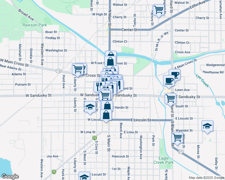 map of restaurants, bars, coffee shops, grocery stores, and more near 500 South Main Street in Findlay