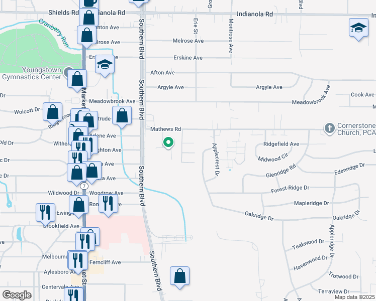 map of restaurants, bars, coffee shops, grocery stores, and more near 197 Mathews Road in Youngstown