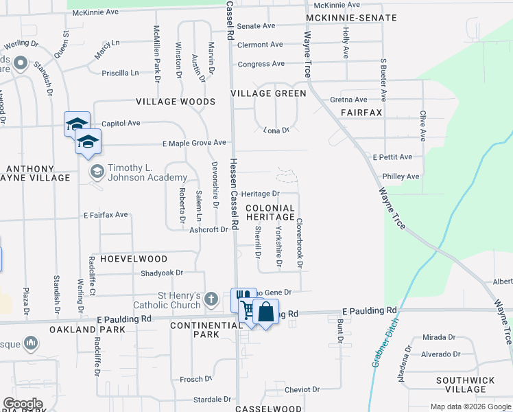 map of restaurants, bars, coffee shops, grocery stores, and more near 5105 Darius Court in Fort Wayne
