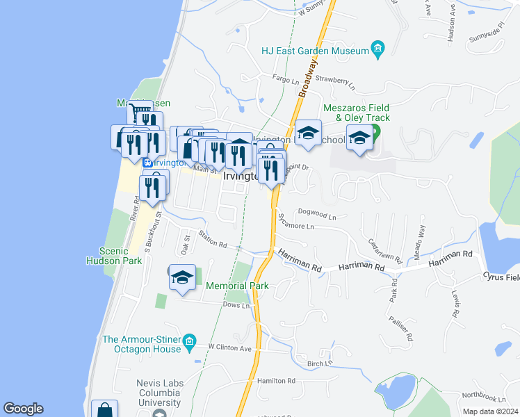 map of restaurants, bars, coffee shops, grocery stores, and more near 30 South Broadway in Irvington