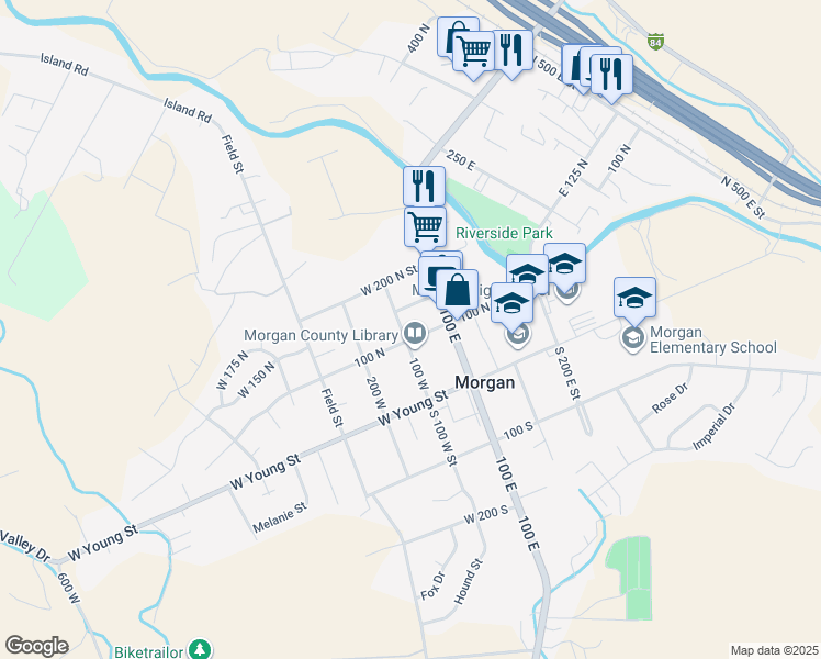 map of restaurants, bars, coffee shops, grocery stores, and more near 99-1 North 100 West Street in Morgan