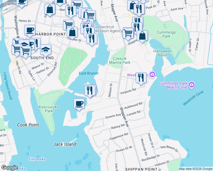 map of restaurants, bars, coffee shops, grocery stores, and more near 108 Harbor Drive in Stamford