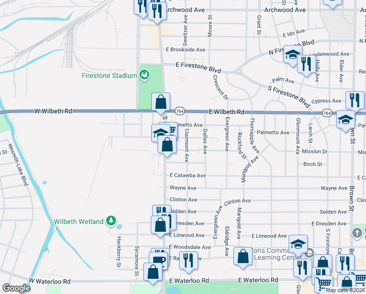 map of restaurants, bars, coffee shops, grocery stores, and more near 46 East Rosewood Avenue in Akron