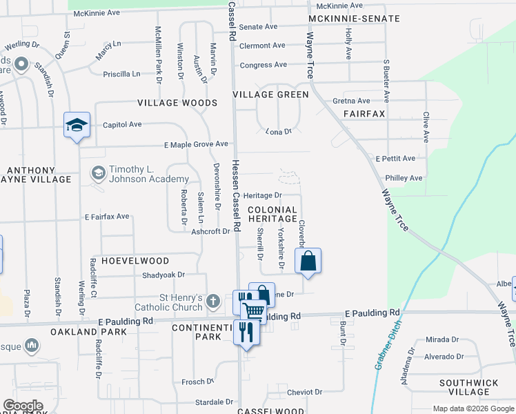map of restaurants, bars, coffee shops, grocery stores, and more near 5105 Darius Court in Fort Wayne
