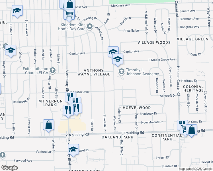 map of restaurants, bars, coffee shops, grocery stores, and more near 2201 East Fairfax Avenue in Fort Wayne