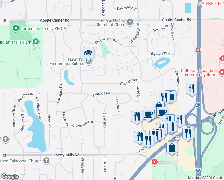 map of restaurants, bars, coffee shops, grocery stores, and more near 9325 Saratoga Rd in Fort Wayne