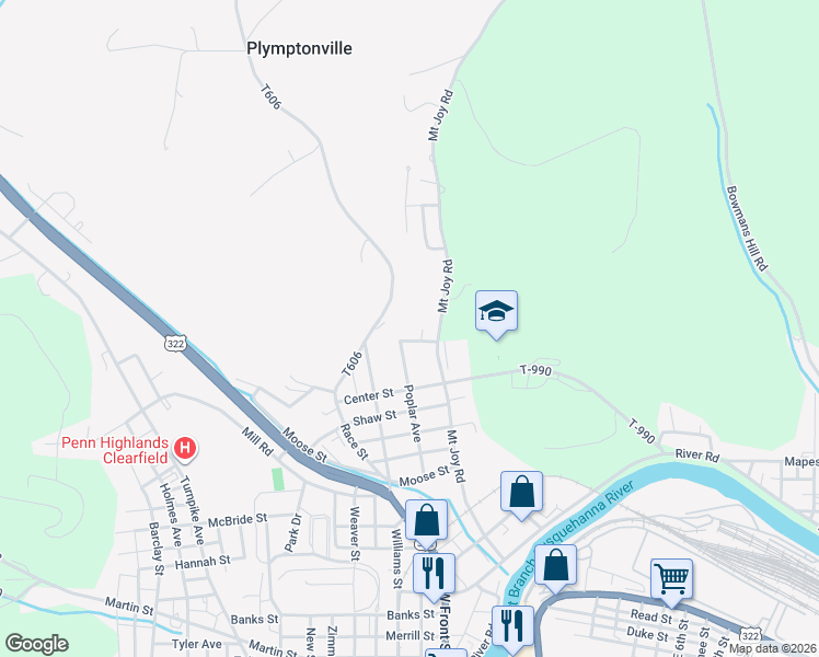 map of restaurants, bars, coffee shops, grocery stores, and more near 421 Poplar Avenue in Clearfield