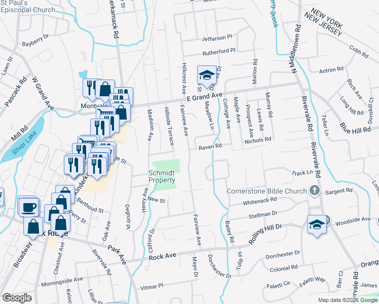 map of restaurants, bars, coffee shops, grocery stores, and more near 85 Fairview Avenue in Park Ridge