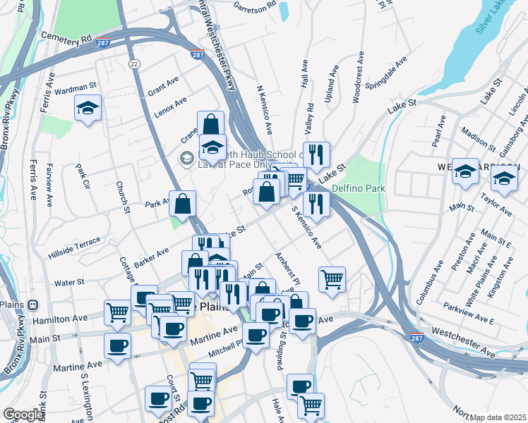 map of restaurants, bars, coffee shops, grocery stores, and more near 30 Lake Street in White Plains