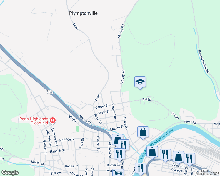map of restaurants, bars, coffee shops, grocery stores, and more near 502 Poplar Avenue in Clearfield