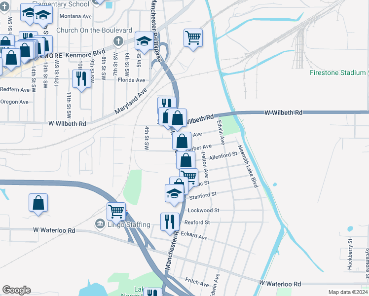 map of restaurants, bars, coffee shops, grocery stores, and more near 517 Koerber Avenue in Akron