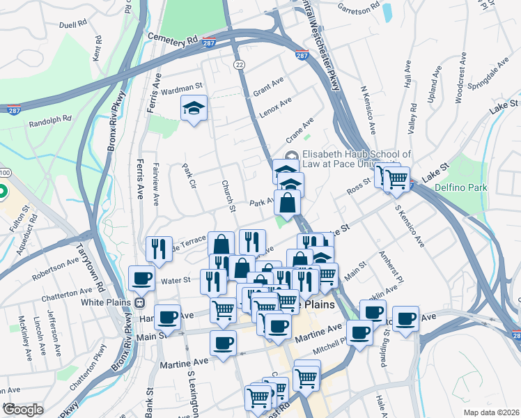 map of restaurants, bars, coffee shops, grocery stores, and more near 5 Dusenbury Place in White Plains